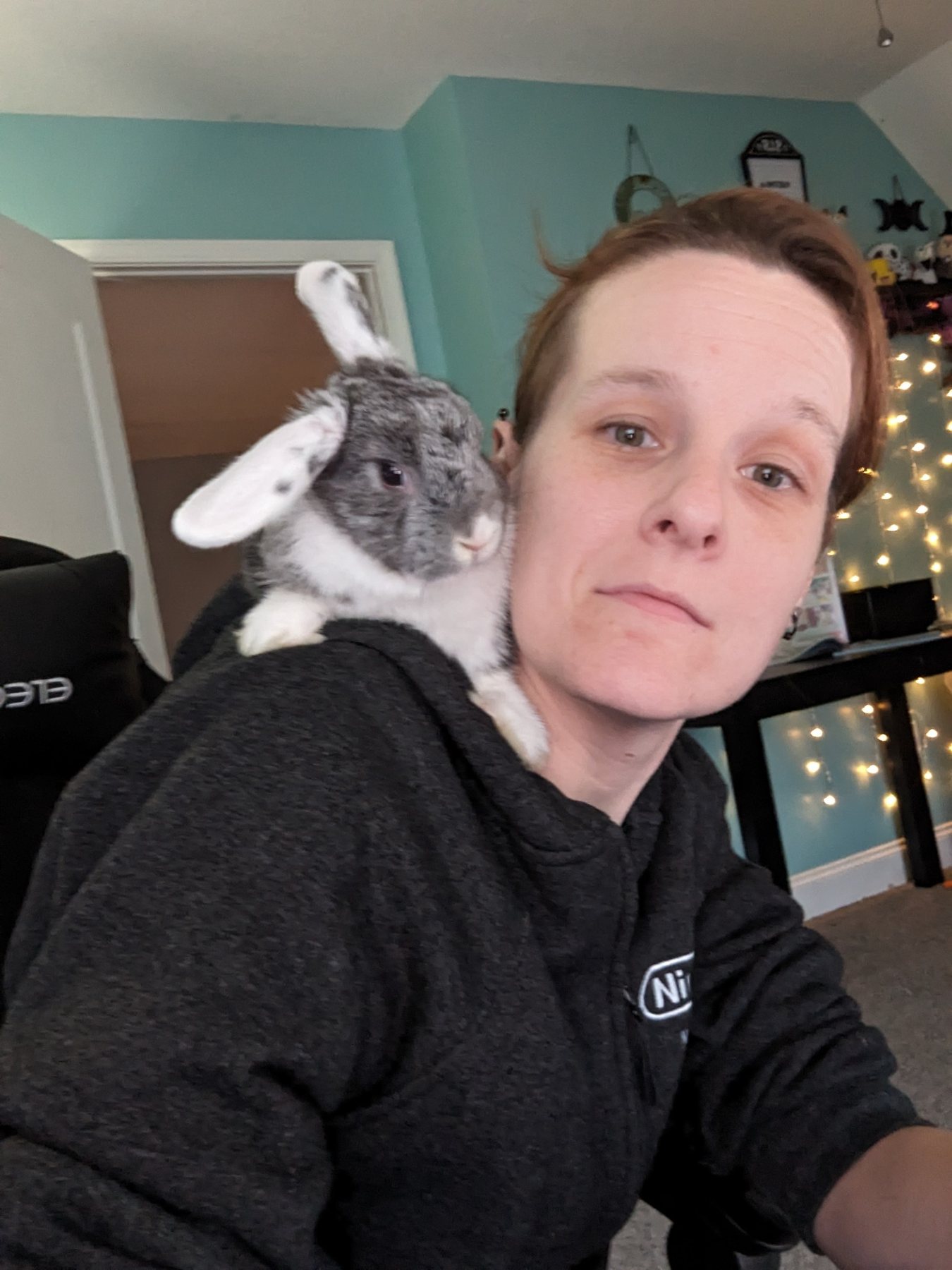 All Paws owner with a rabbit on her shoulder